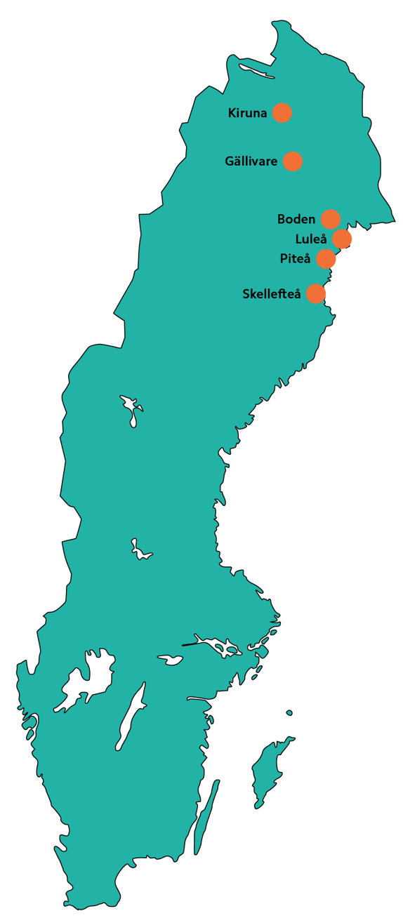 Karta över Sverige med städerna Skellefteå, Piteå, Luleå, Boden, Gällivare och Kiruna markerade.